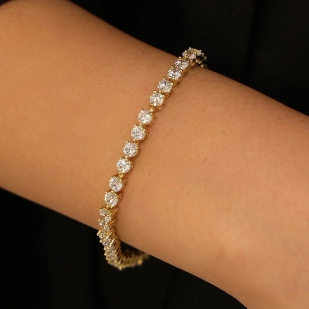 14K Gold Plated Tennis Bracelet High Polish Statement Dainty Real Crystal
